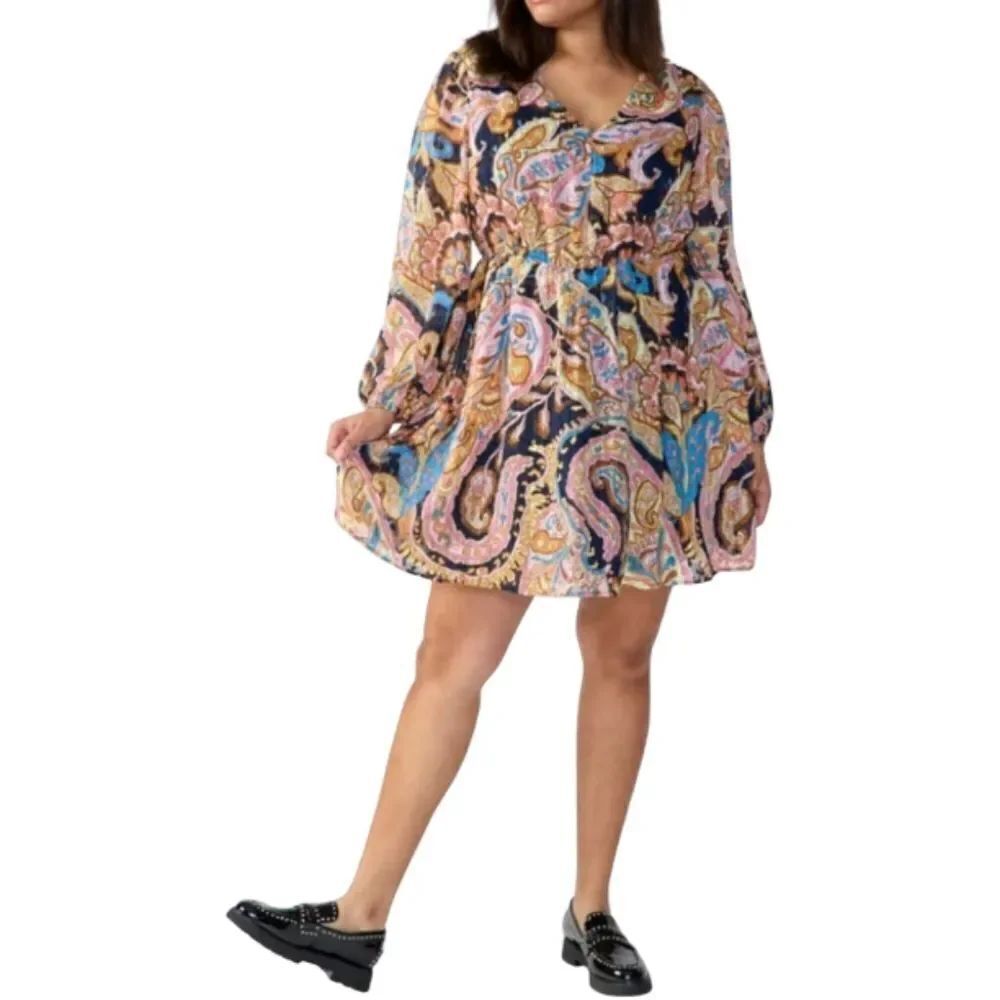 Sanctuary Girls' Day Out Back Cutout Mini Dress Long Sleeves Paisley Colorful